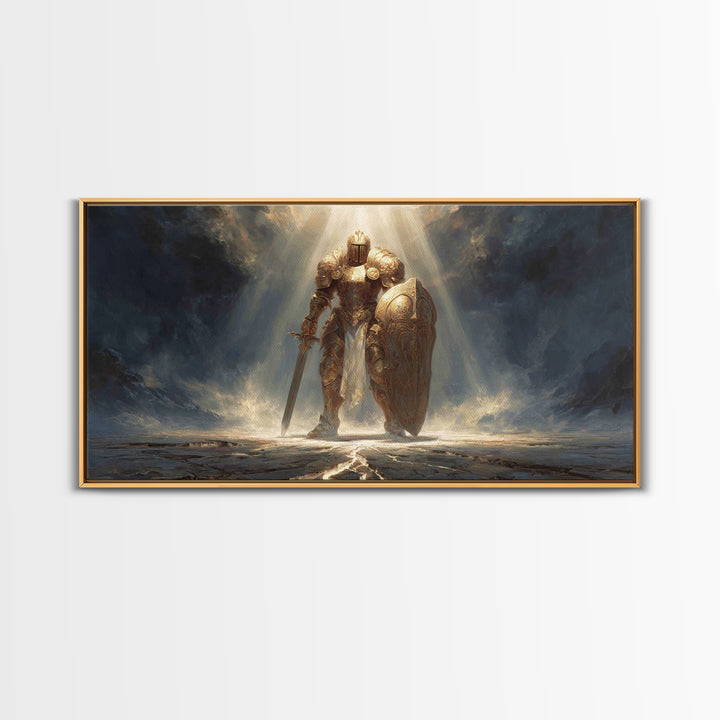 Golden Knight In Storm Light Framed Canvas Print, Epic Fantasy Warrior Large Wall Decor, Medieval Armor Art, Gift For Him
