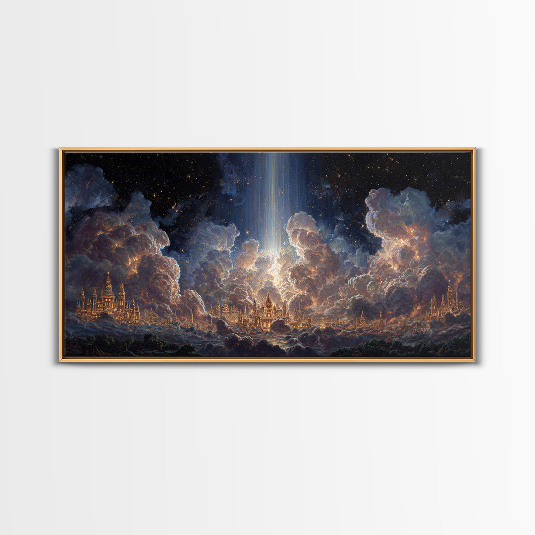Heavenly Cloud City With Star Beam Canvas Print, Celestial Fantasy Art, Large Wall Decor, Spiritual Home Decor Gift For Her