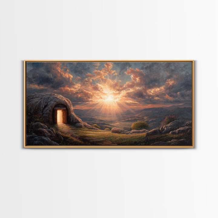 Empty Tomb Sunrise Framed Canvas Print, Christian Wall Art, Resurrection Painting, Easter Decor, Inspirational Gift For Her
