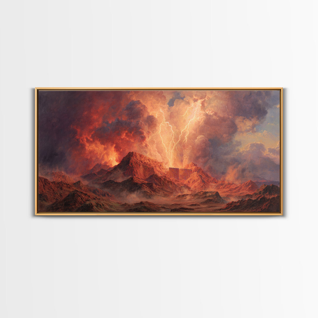 Fiery Mountain Storm With Lightning Over Red Peaks Framed Canvas Print, Dramatic Landscape Wall Art, Large Modern Art, Office Decor