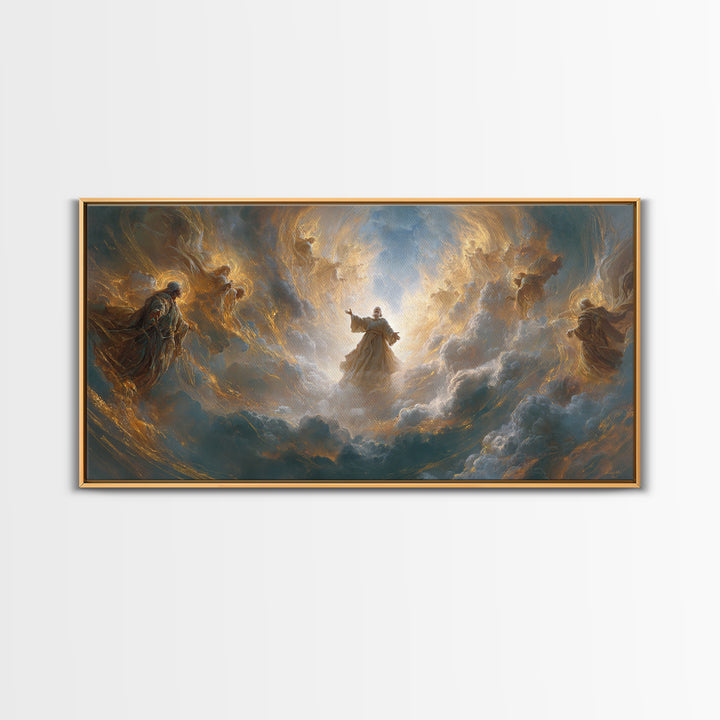 Angels And Divine Figure In Luminous Clouds Framed Canvas Print, Spiritual Wall Art, Religious Decor, Christian Gift Idea