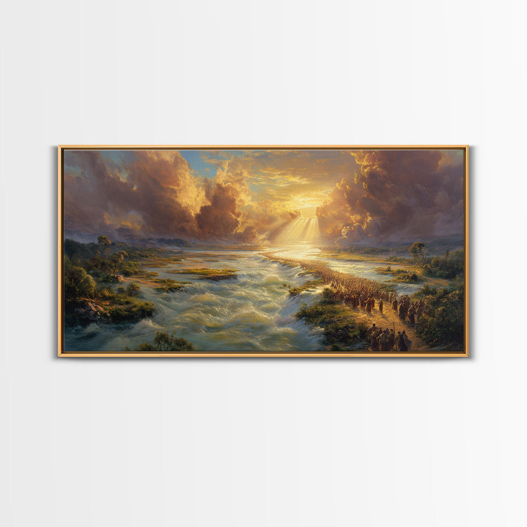 Exodus River Crossing Canvas Print, Golden Biblical Landscape Painting, Christian Wall Decor, Housewarming Gift For Living Room