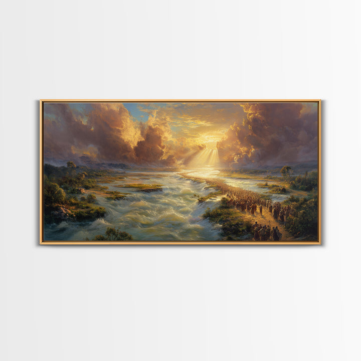 Exodus River Crossing Canvas Print, Golden Biblical Landscape Painting, Christian Wall Decor, Housewarming Gift For Living Room