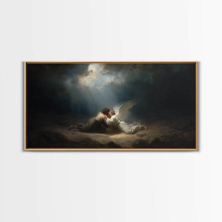 Angel Embracing Fallen Man Wall Art, Dark Baroque Canvas Print, Religious Fine Art, Spiritual Gothic Home Decor Gift For Her