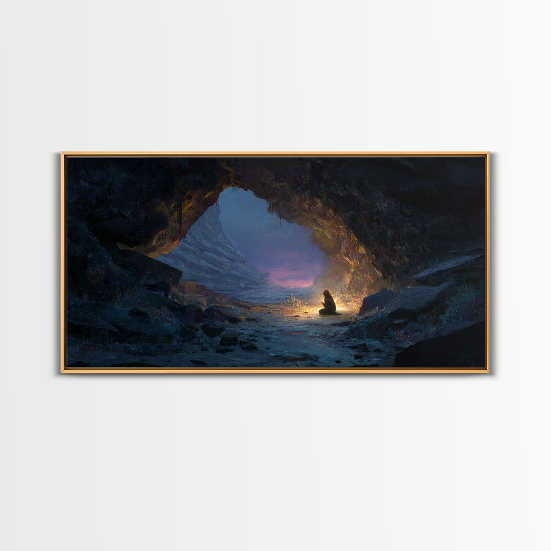 Meditating Figure In Mountain Cave Framed Canvas Print, Mystical Landscape Wall Decor, Zen Fantasy Art For Home And Office Decor