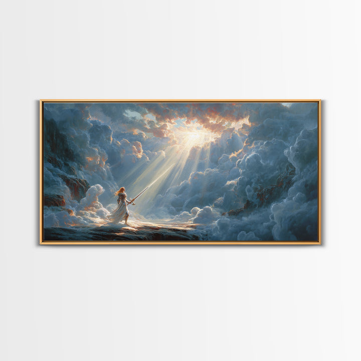 Angel Warrior In Heavenly Clouds Framed Canvas Print, Fantasy Woman Art, Divine Light Wall Decor, Spiritual Gift For Her