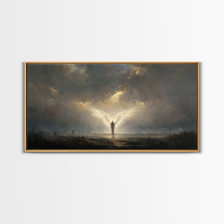 Radiant Angel In Storm Wall Art, Dark Fantasy Spiritual Canvas Print, Moody Religious Decor For Prayer Room And Bedroom Decor