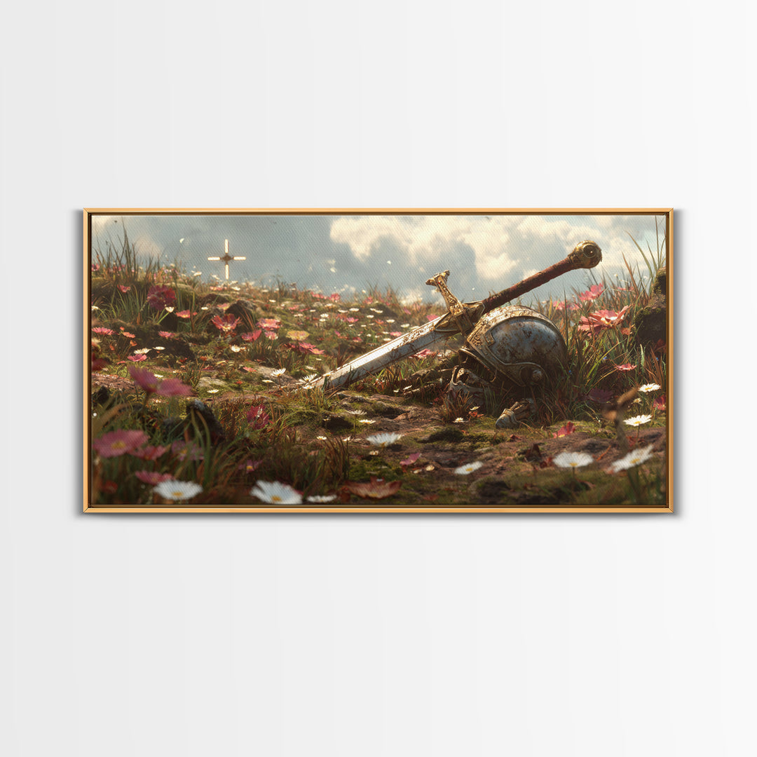 Flowered Battlefield Sword And Helmet Canvas Print, Fantasy Art, Knight Wall Decor, Gothic Gift For Him, Large Wall Art Print