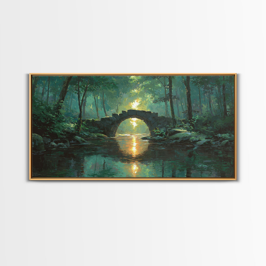 Sunlit Stone Bridge Over Forest River Canvas Print, Tranquil Landscape Wall Art, Japandi Nature Decor, Calming Home Gift