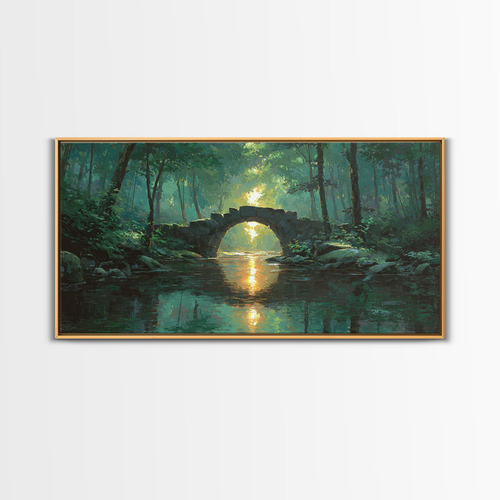Sunlit Stone Bridge Over Forest River Canvas Print, Tranquil Landscape Wall Art, Japandi Nature Decor, Calming Home Gift