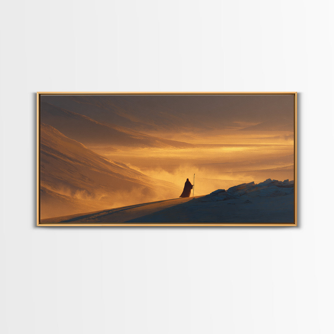 Lone Traveler In Golden Snowy Mountains Canvas Print, Epic Sunset Landscape Wall Art, Rustic Adventure Home Decor Gift For Him