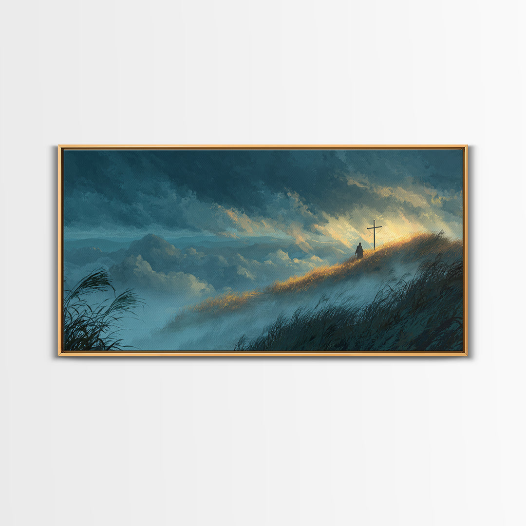 Sunlit Mountain Hill With Lone Cross Wall Art, Spiritual Landscape Canvas Print, Christian Decor, Calming Nature Art For Bedroom