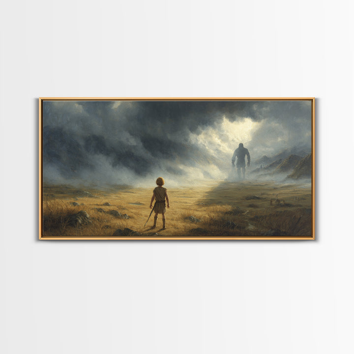Child Facing Giant In Stormy Valley Wall Art, Fantasy Landscape Canvas Print, Moody Adventure Decor, Dark Surreal Gift For Him