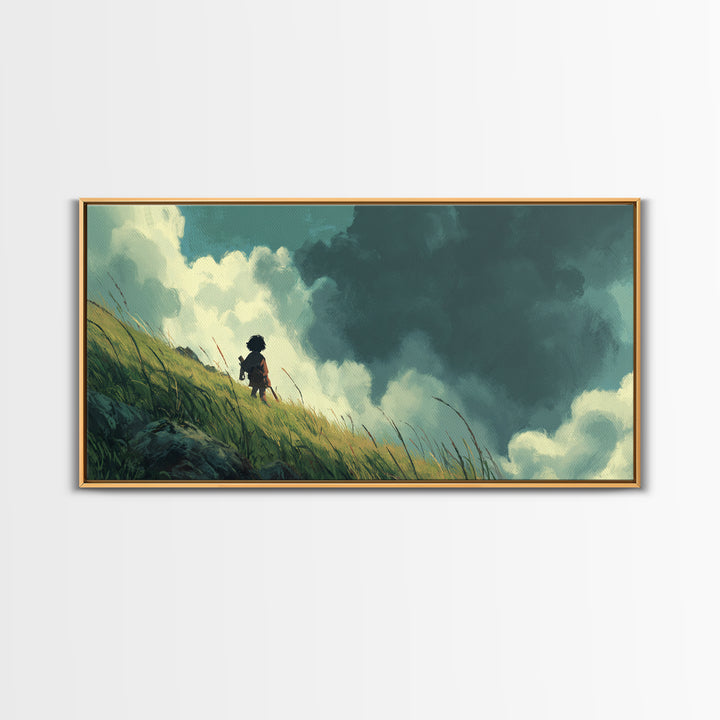 Child On Windswept Grassy Hill Wall Art, Dramatic Cloud Landscape, Whimsical Nursery Decor, Fantasy Adventure Canvas Print