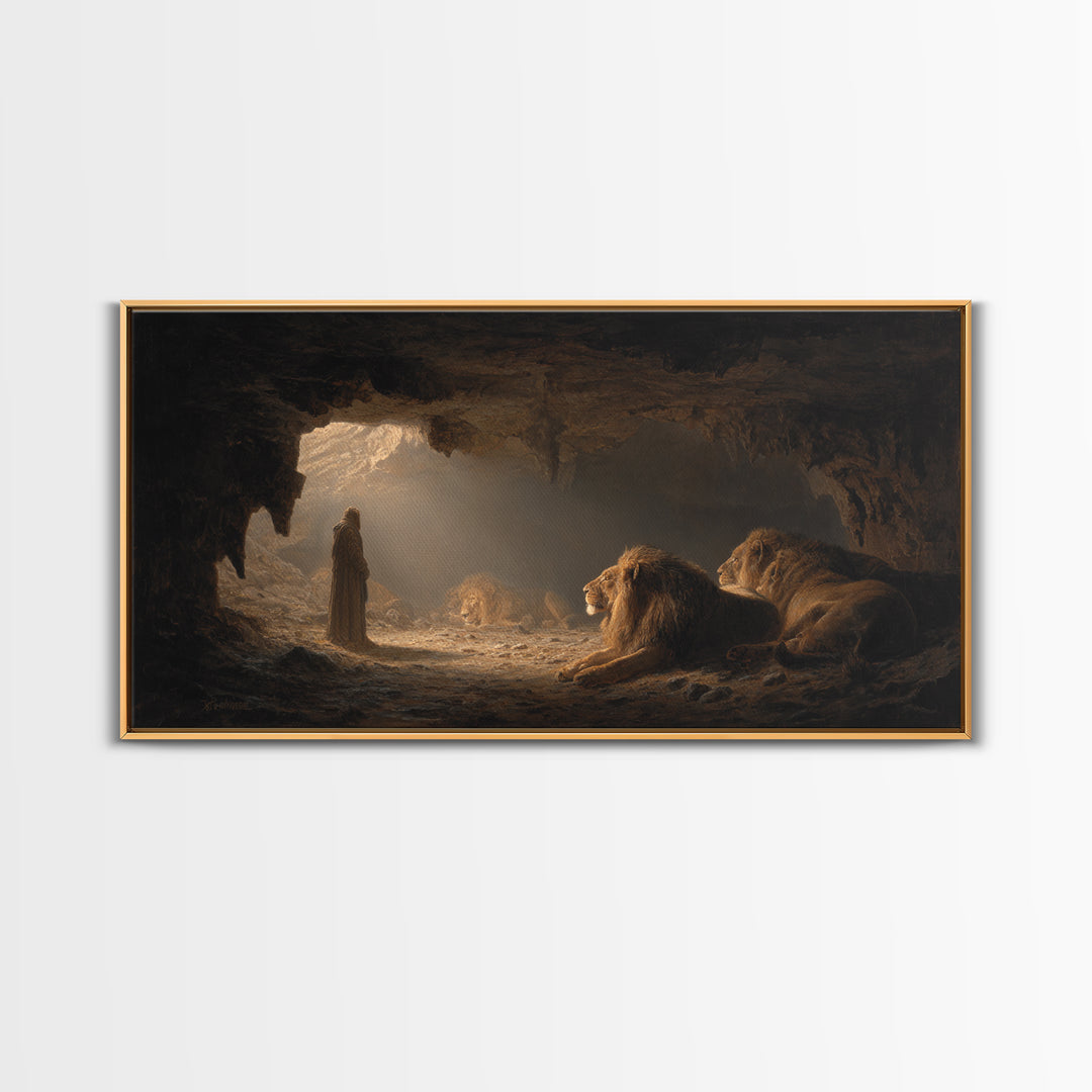 Daniel In The Lions Den Wall Art, Biblical Fantasy Canvas Print, Dramatic Cave Painting, Christian Home Decor Inspirational Gift