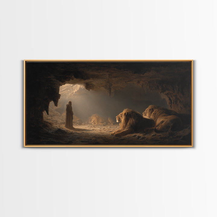 Daniel In The Lions Den Wall Art, Biblical Fantasy Canvas Print, Dramatic Cave Painting, Christian Home Decor Inspirational Gift