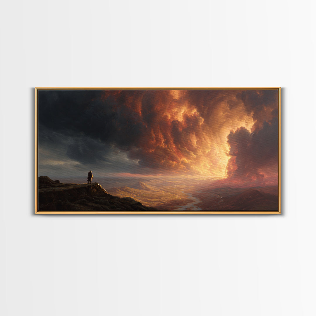 Lone Traveler Storm Valley Wall Art, Dramatic Sunset Landscape Canvas Print, Moody Mountain Decor, Fantasy Fine Art Print