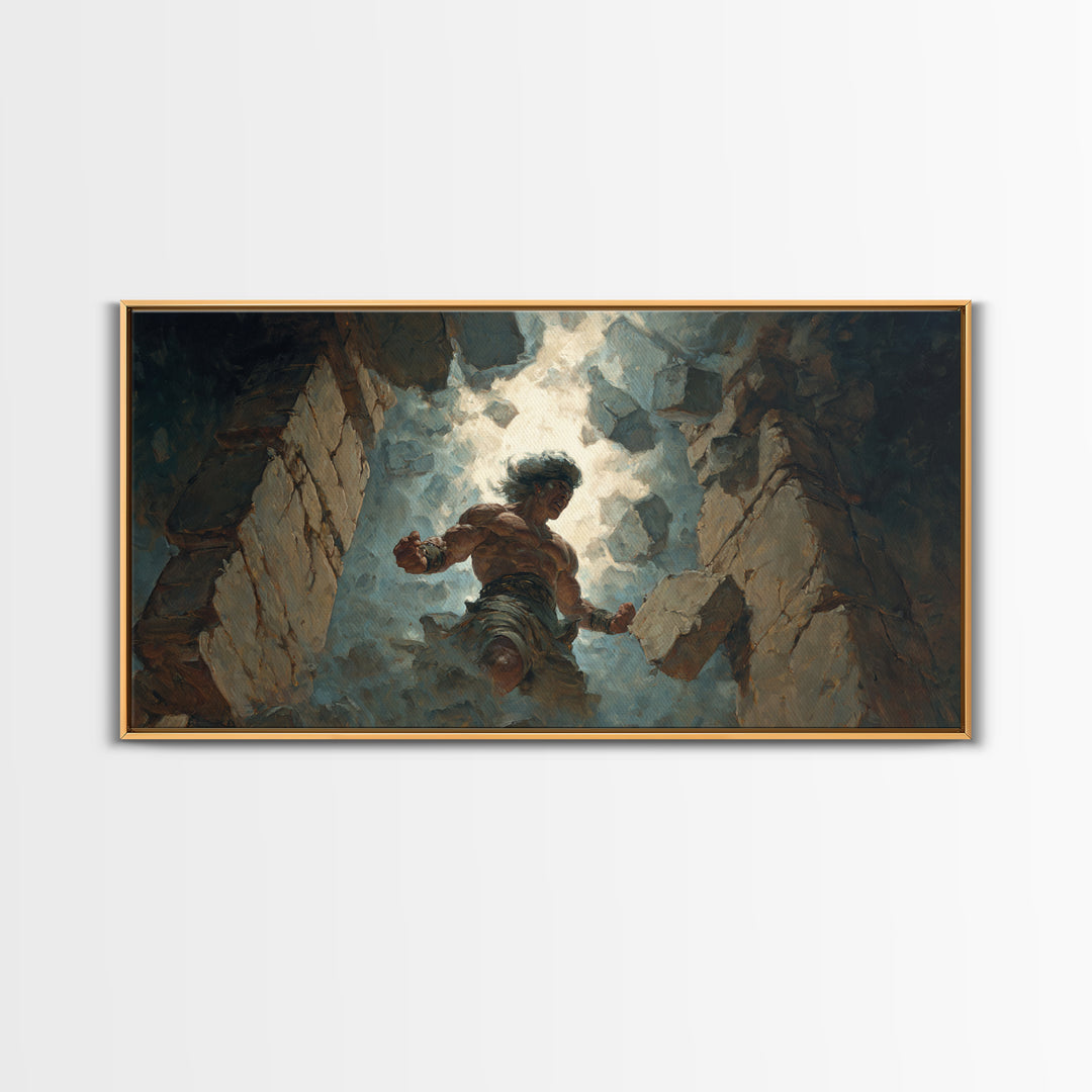 Mighty Warrior Breaking Stone Wall Art, Dramatic Fantasy Canvas Print, Epic Battle Decor For Game Room Or Man Cave Wall Decor