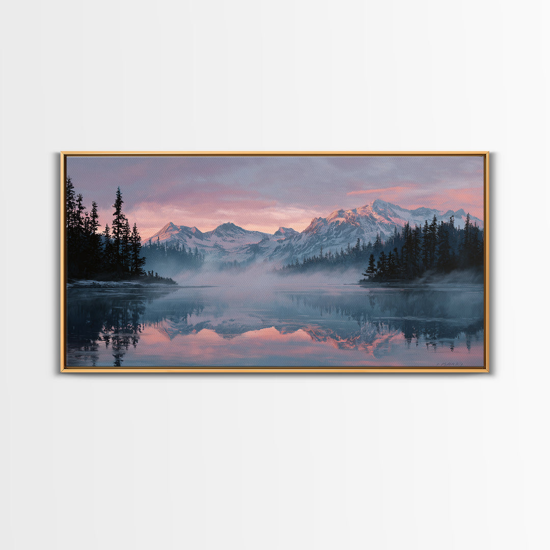 Pink Alpine Mountain Lake Wall Art, Misty Forest Landscape Canvas Print, Nature Decor, Large Wall Art For Living Room Decor