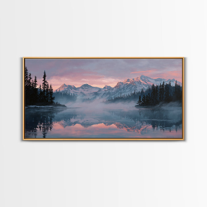 Pink Alpine Mountain Lake Wall Art, Misty Forest Landscape Canvas Print, Nature Decor, Large Wall Art For Living Room Decor