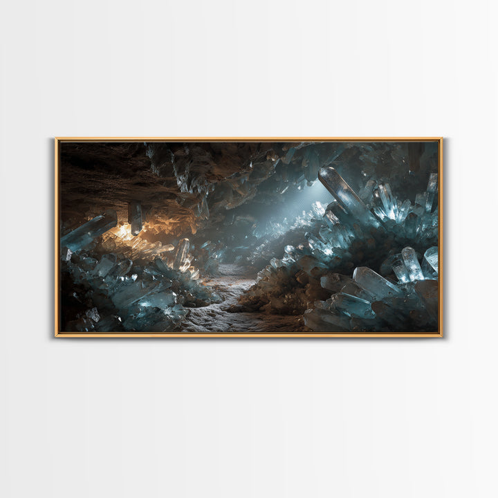 Glowing Crystal Cave Fantasy Canvas Print, Blue Quartz Cavern Wall Decor, Mystical Landscape Art, Unique Gamer Room Gift