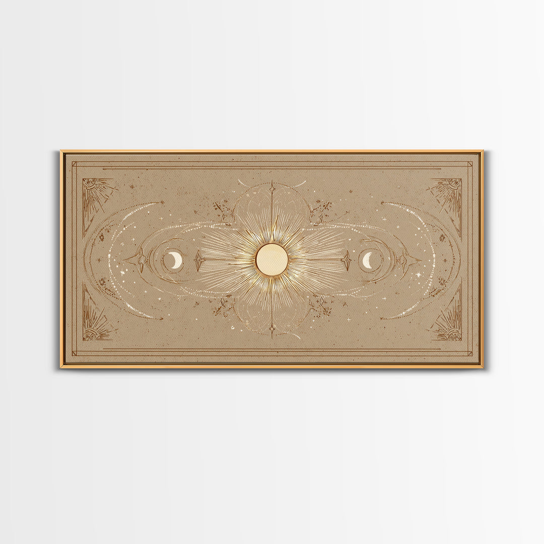 Celestial Sun And Moon Wall Art, Gold Mystic Canvas Print, Boho Astrology Decor, Neutral Bedroom Above Bed Wall Decor, Housewarming Gift