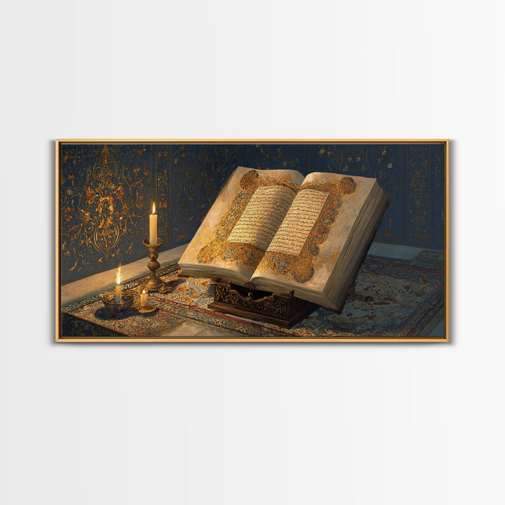 Open Quran With Candlelight Wall Art, Islamic Calligraphy Canvas Print, Arabic Scripture Decor, Ramadan Prayer Room Art Print