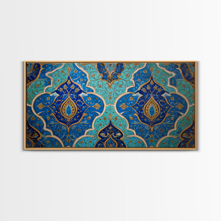 Blue Gold Moroccan Tile Pattern Wall Art, Islamic Home Decor, Boho Wall Decor, Geometric Art, Luxury Statement Artwork Gift