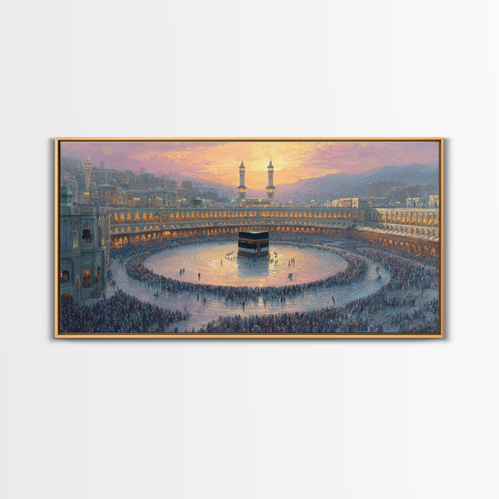 Sunset Kaaba Pilgrimage At Mecca Framed Canvas Print, Islamic Wall Art, Muslim Home Decor, Spiritual Gift, Prayer Room Decor