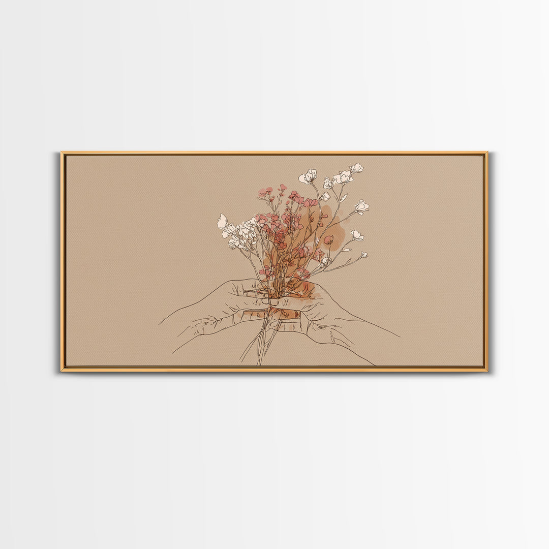 Hands Holding Wildflowers Wall Art, Minimal Line Art Canvas Print, Neutral Botanical Decor, Feminine Bedroom Gift For Her