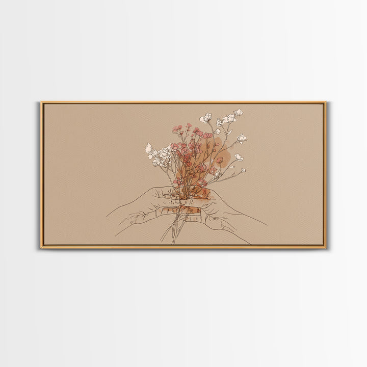 Hands Holding Wildflowers Wall Art, Minimal Line Art Canvas Print, Neutral Botanical Decor, Feminine Bedroom Gift For Her
