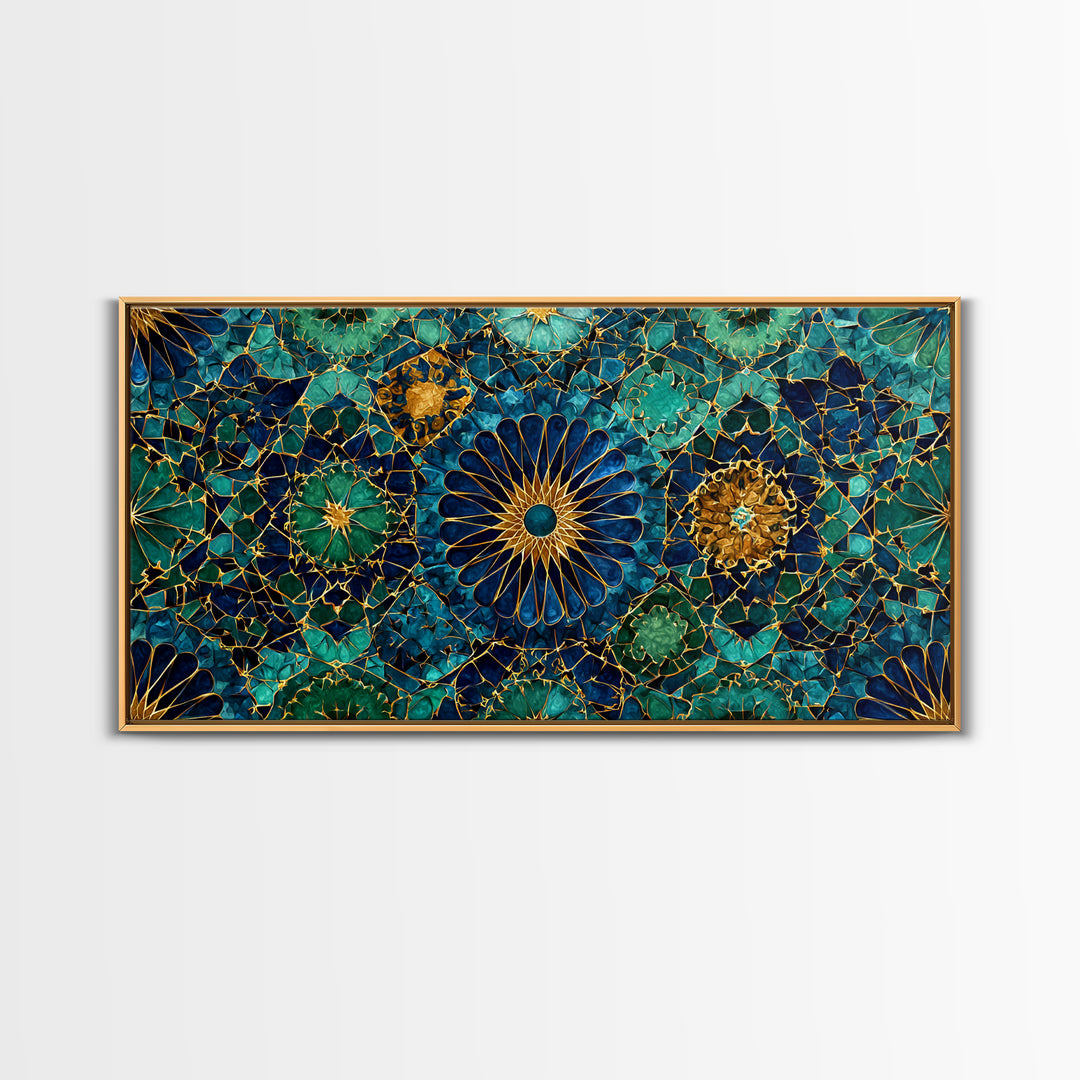 Teal Gold Floral Mosaic Canvas Print, Moroccan Wall Art, Geometric Pattern Decor, Mediterranean Tile Gift For Her, Luxury Home Decor