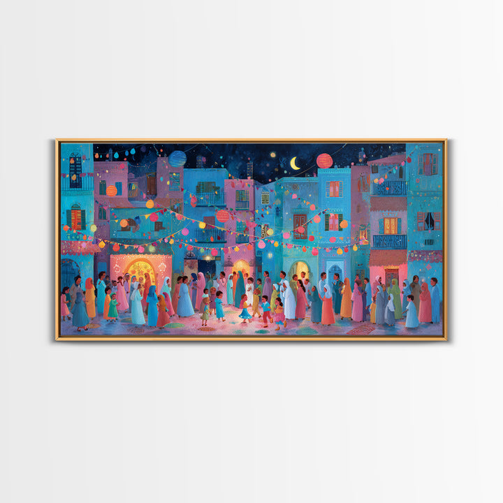 Colorful Moonlit Wedding Street Wall Art, Mediterranean Festival Canvas Print, Dopamine Decor, Joyful Village Poster Gift