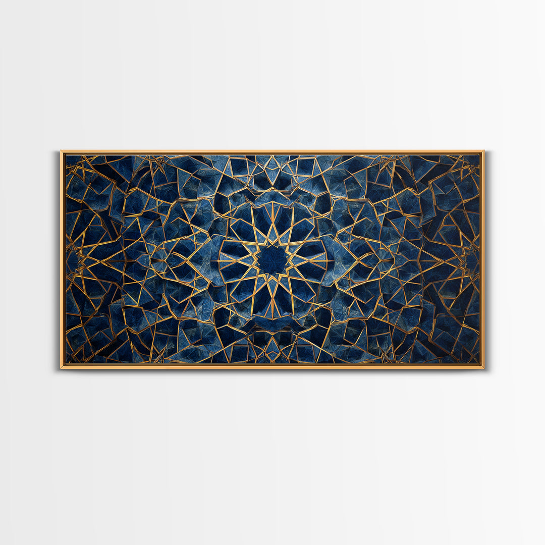 Blue Gold Islamic Geometric Wall Art, Sacred Pattern Canvas Print, Moroccan Tile Decor For Modern Living Room Home Decor Gift