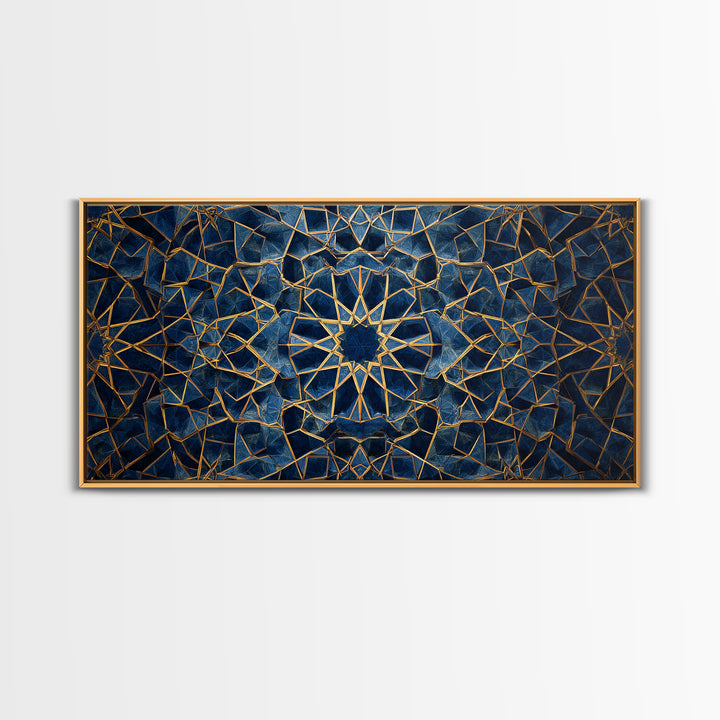 Blue Gold Islamic Geometric Wall Art, Sacred Pattern Canvas Print, Moroccan Tile Decor For Modern Living Room Home Decor Gift