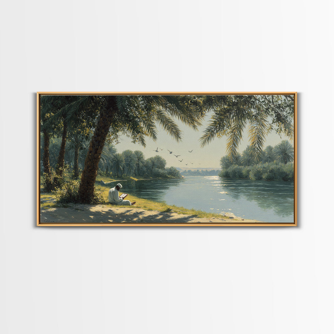 Palm Shaded River Reader Canvas Print, Serene Tropical Landscape Wall Art, Coastal Home Decor, Office Decor, Housewarming Gift For Her