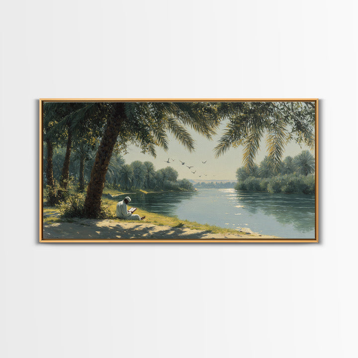 Palm Shaded River Reader Canvas Print, Serene Tropical Landscape Wall Art, Coastal Home Decor, Office Decor, Housewarming Gift For Her