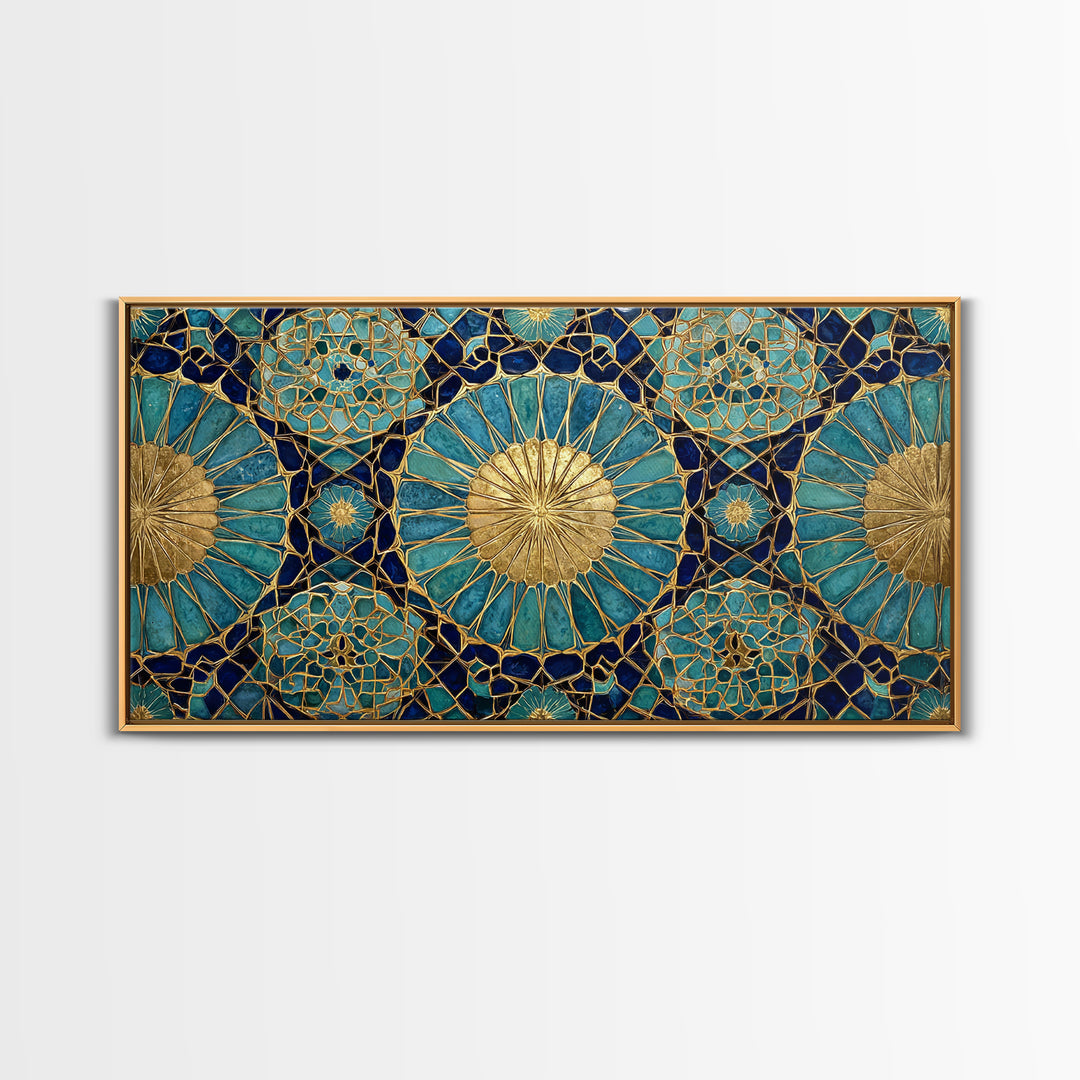 Teal And Gold Islamic Geometric Mosaic Wall Art, Moroccan Decor, Arabic Pattern Art, Spiritual Canvas Print, Luxury Home Decor