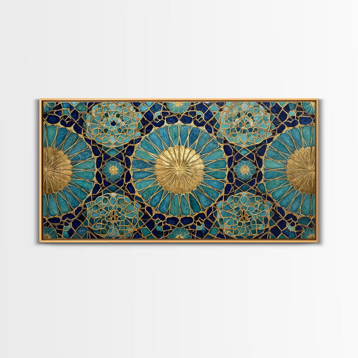 Teal And Gold Islamic Geometric Mosaic Wall Art, Moroccan Decor, Arabic Pattern Art, Spiritual Canvas Print, Luxury Home Decor