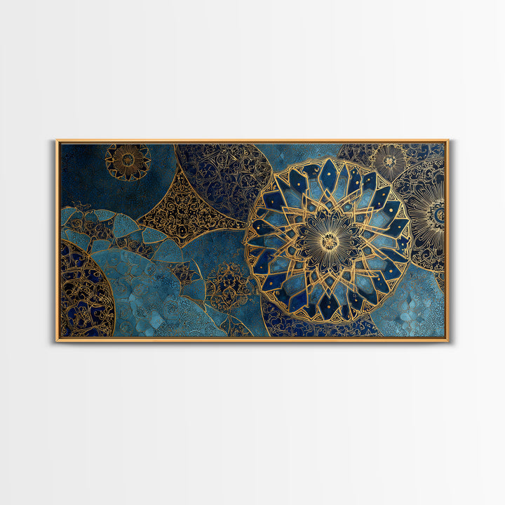 Blue Gold Islamic Mandala Wall Art, Moroccan Geometric Canvas Print, Arabic Home Decor, Large Living Room Wall Decor, Gift