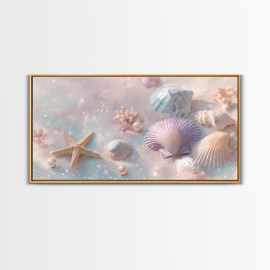 Pastel Seashells And Starfish Canvas Print, Coastal Beach Wall Art, Beach House Decor, Pastel Bathroom Decor, Ocean Nursery Gift For Her