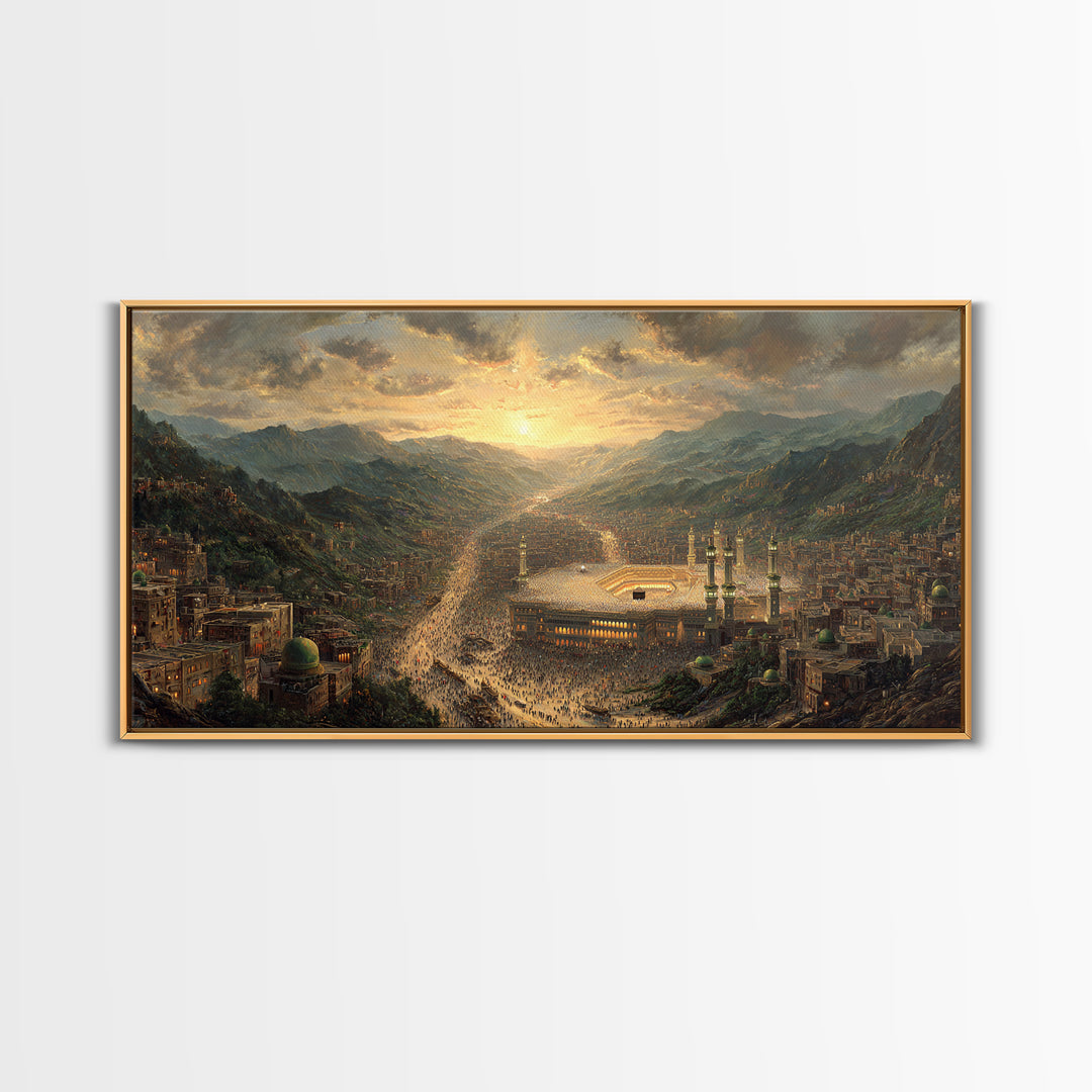 Mecca Sunset Valley And Holy Mosque Canvas Print, Islamic Wall Art, Panoramic Landscape Art For Prayer Room Decor Gift Idea