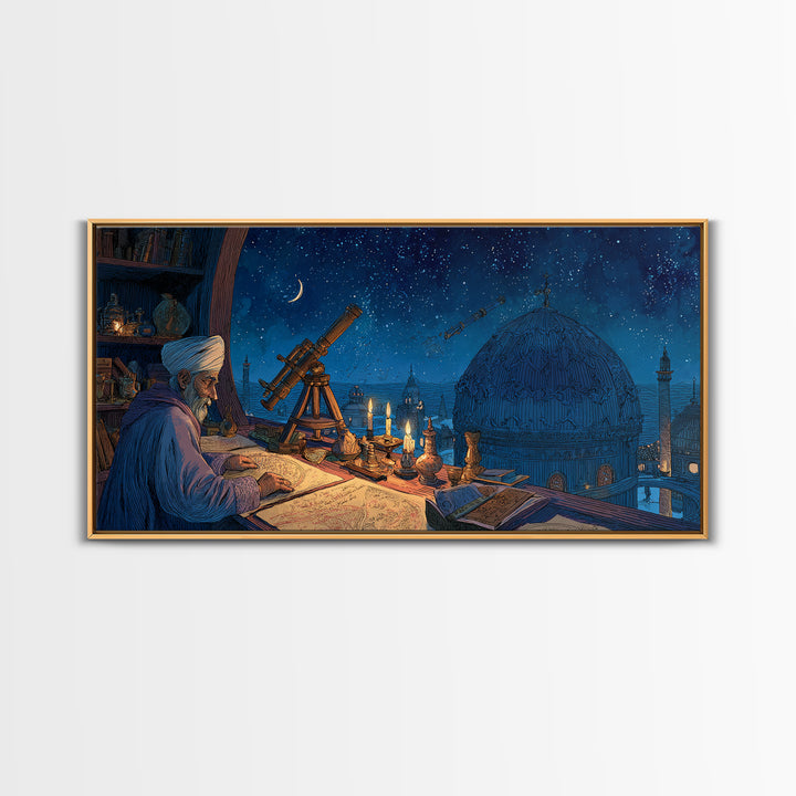 Starlit Astronomer Observatory Canvas Print, Islamic Architecture Wall Decor, Celestial Night Sky Art For Study Room And Office Decor