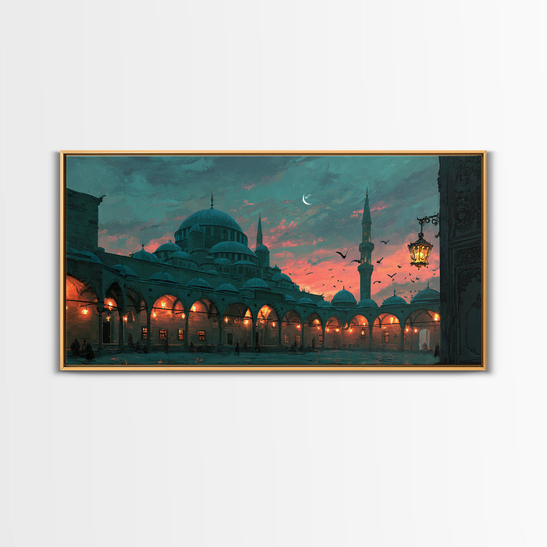 Twilight Mosque Courtyard Framed Canvas Print, Islamic Architecture Wall Art, Istanbul Travel Poster And Prayer Room Decor