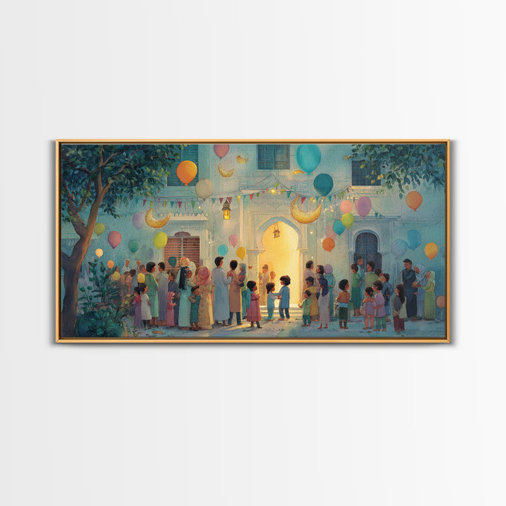 Ramadan Courtyard Celebration With Balloons Wall Art, Islamic Home Decor, Family Gathering Print, Eid Housewarming Gift Idea