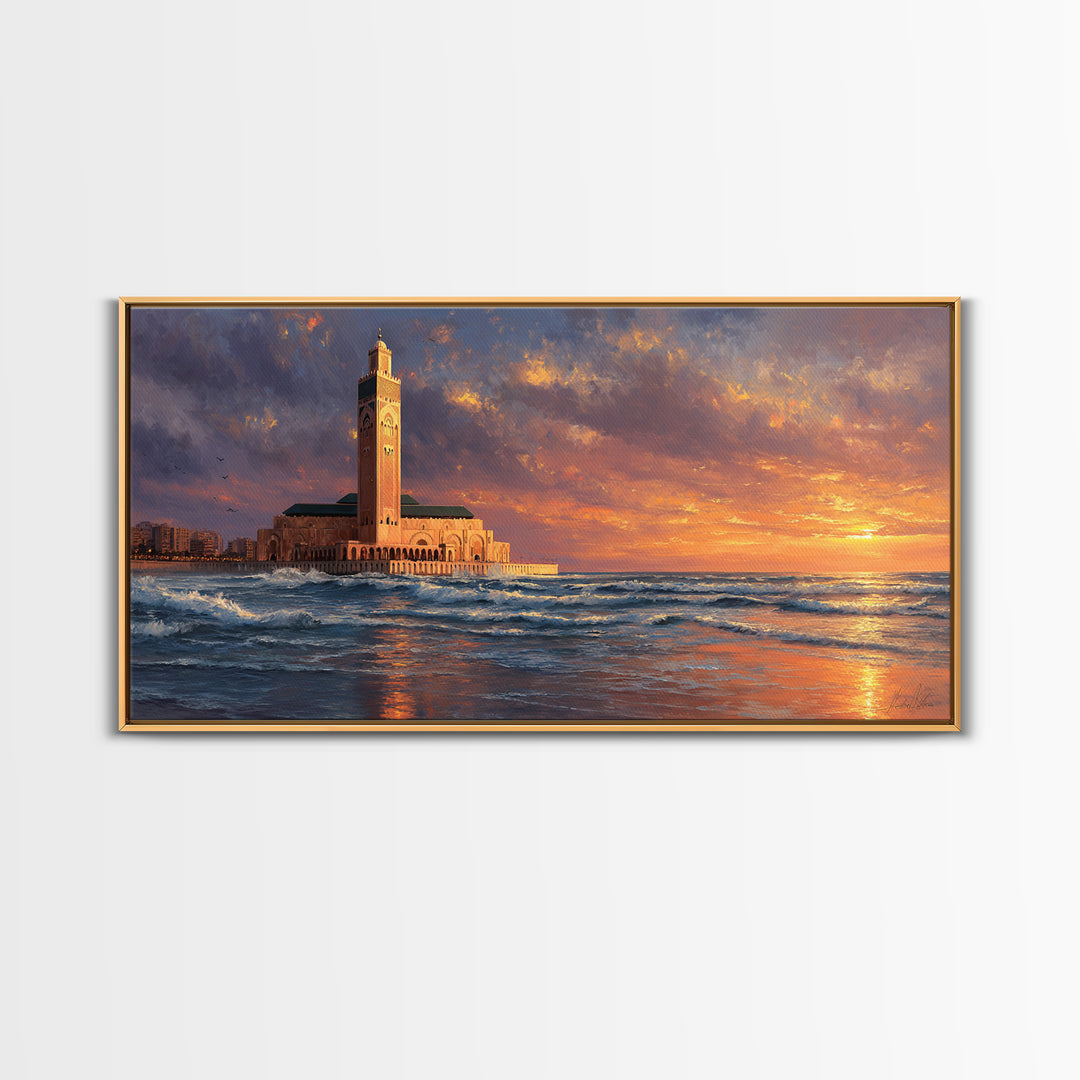 Casablanca Mosque Sunset Wall Art, Moroccan Coastal Seascape Canvas Print, Islamic Architecture, Ocean Decor For Living Room