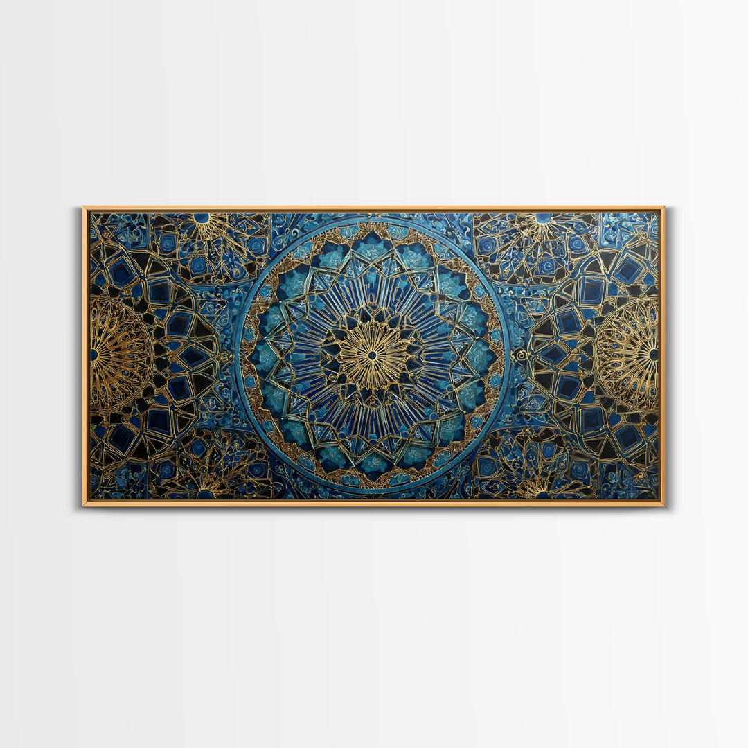 Blue Gold Islamic Geometric Wall Art, Moroccan Mosaic Canvas Print, Sacred Geometry Decor, Luxury Prayer Room Wall Decor