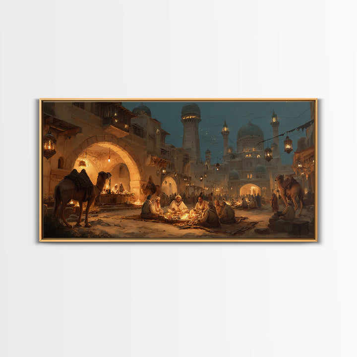 Arabian Night Market With Camels Wall Art, Middle Eastern Cityscape Canvas Print, Warm Lantern Decor, Travel Gift For Living Room