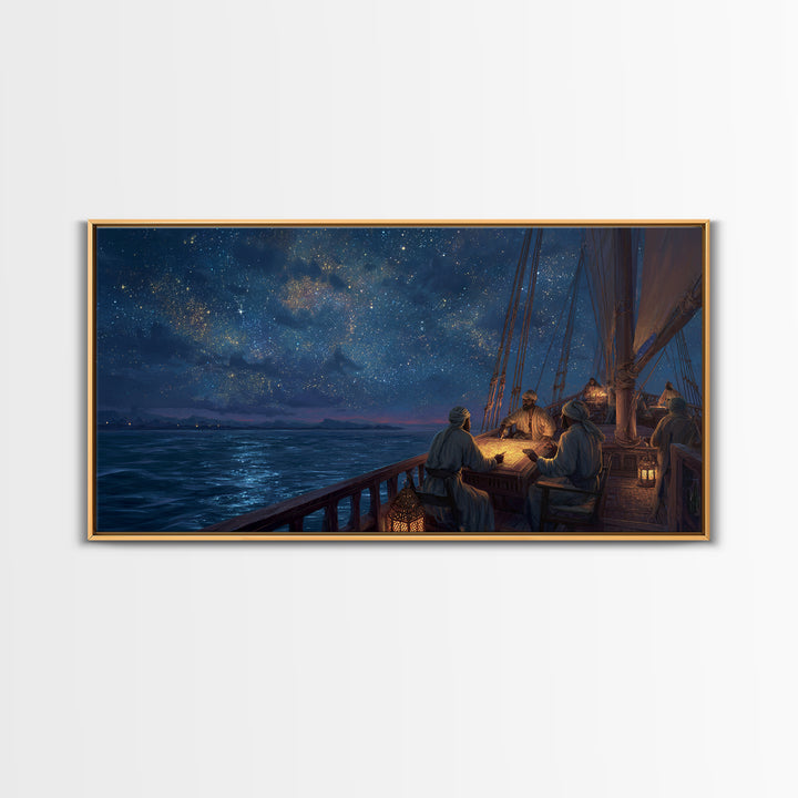 Starlit Sailing Ship Canvas Print, Nautical Night Sky Seascape, Celestial Ocean Decor, Maritime Travel Art, Gift For Him