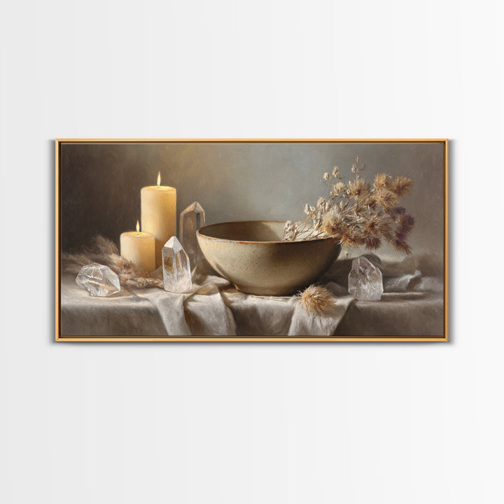 Candles Crystals And Ceramic Bowl Wall Art, Zen Spa Canvas Print, Neutral Still Life Decor, Meditation Room Housewarming Gift
